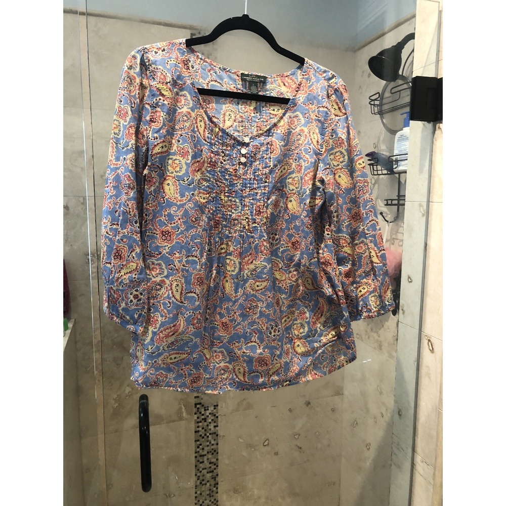 Lauren Ralph Lauren Blue Orange Paisley 3/4 Sleeve Cotton Blouse S